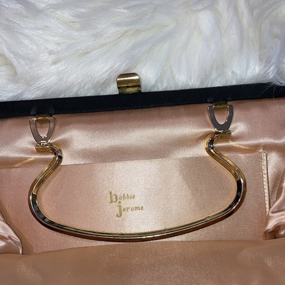 BOBBIE JEROME blk evening bag, sz. on pics, 1 spot, gold handle option. $15 - Picture 4 of 8